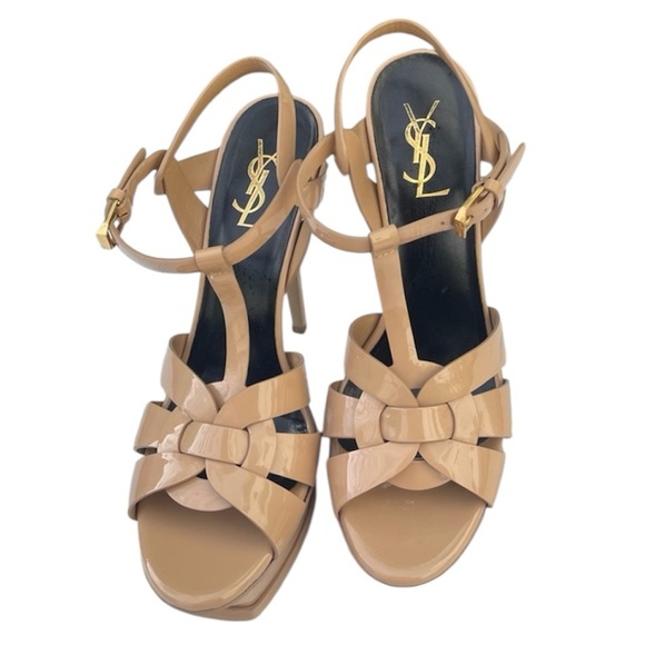 YSL Tribute Patent Leather Sandals Nude Beige Heels 38 - Picture 3 of 11